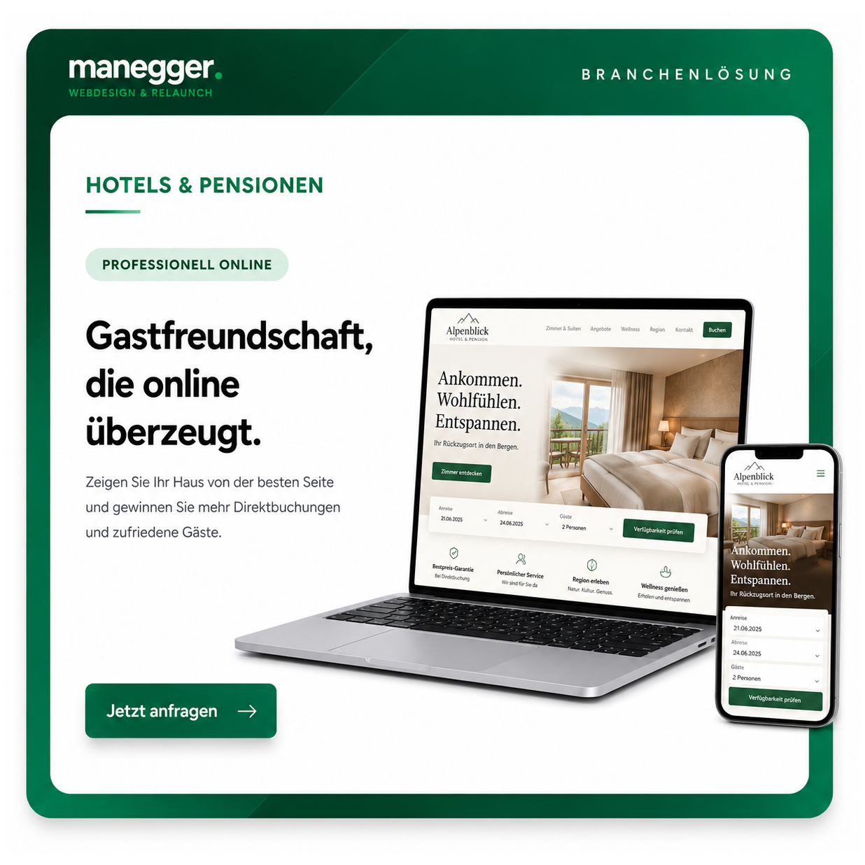 Beispielhafte Website-Vorschau für ein Hotel oder eine Pension