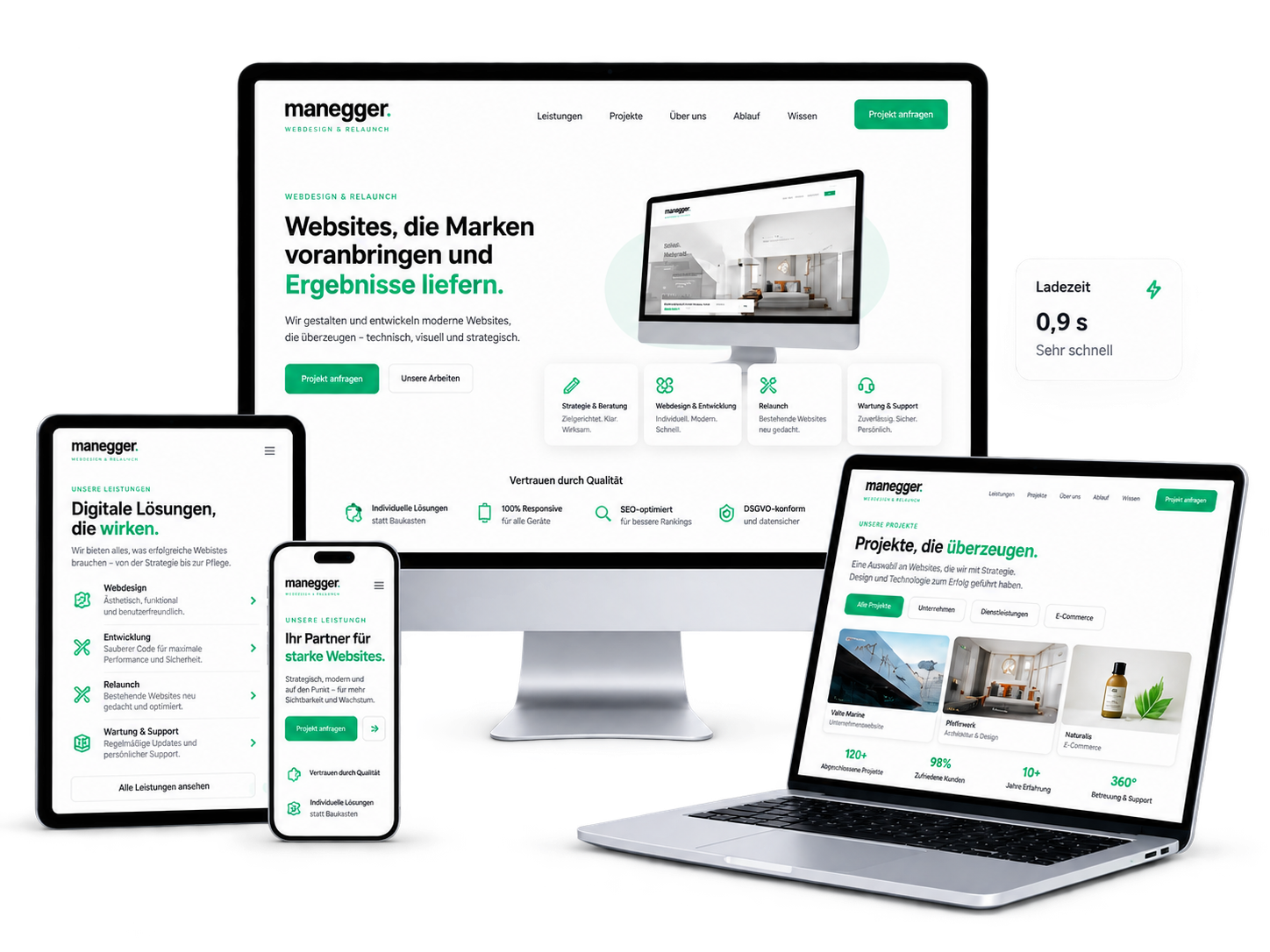 manegger Website-Vorschau auf Monitor, Laptop, Tablet und Smartphone, mit Kennzahl Ladezeit 0,9 Sekunden