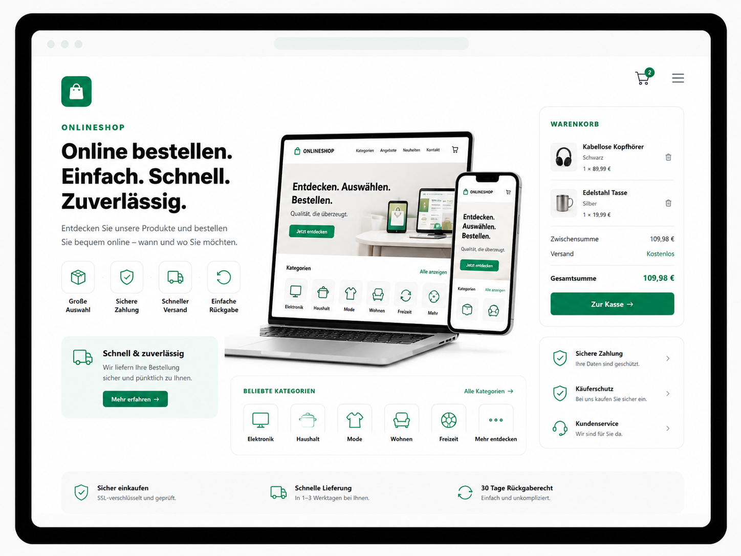 Beispielhafte Onlineshop-Startseite als Illustration der Leistung Onlineshops und Buchungsfunktionen